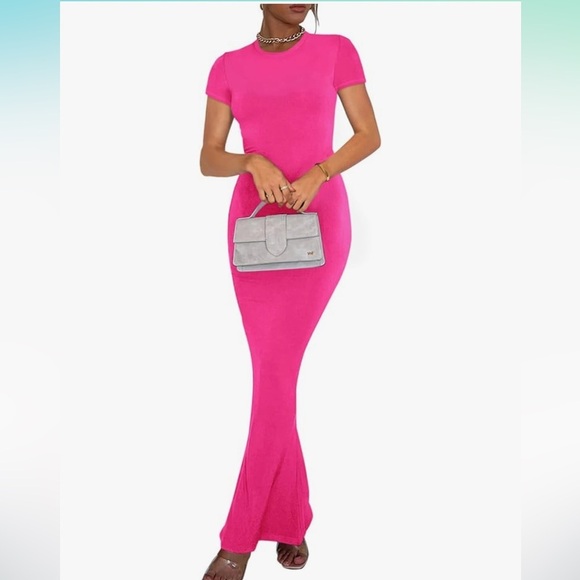 NWT REORIA Casual Lounge Long Dress Elegant Short Sleeve Crew Neck Bodycon Maxi - Picture 2 of 7